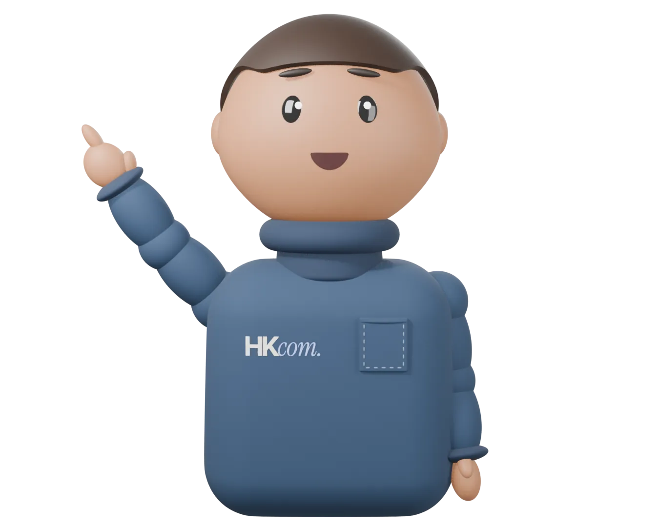 The HKCOM mascot, in a navy jumper, points at our AI offer
